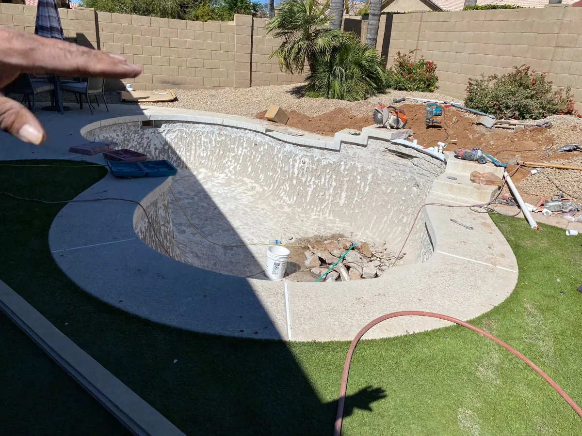 Pool before renewal, drained for interior work